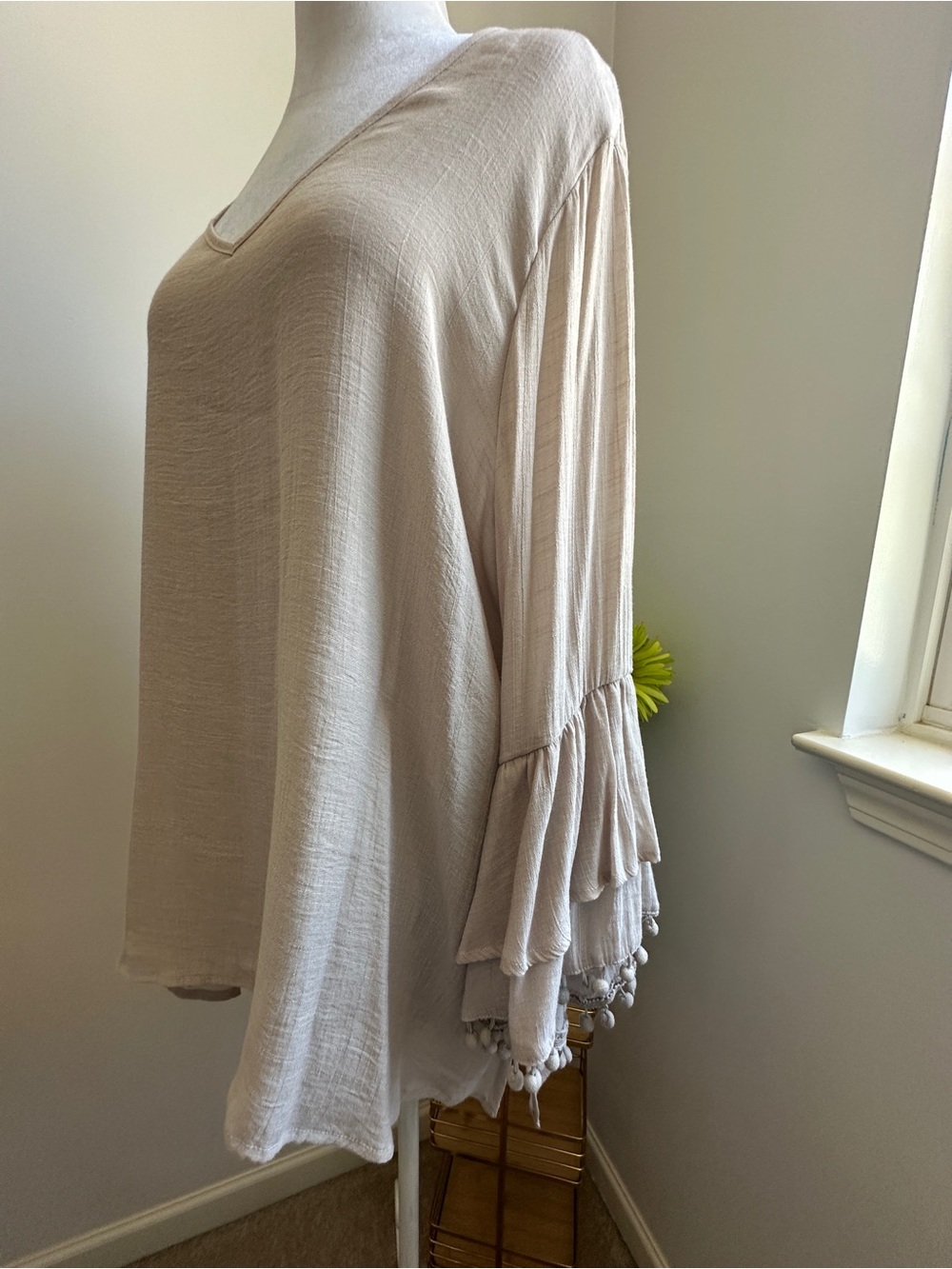 SPENSE - Women’s V-Neck Ruffle Sleeve w/pom-poms Tunic Top - Beige